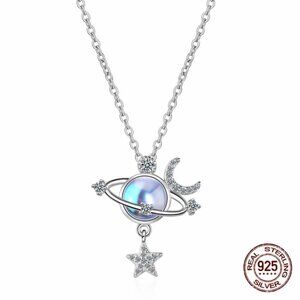 NEW Star Moon Pendant Necklace S925 Sterling Silver Moonstone Cabochon Dainty